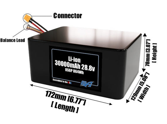 Size reference photo of the 30000mAh 28.8V lithium ion pack showing 172 mm by 129 mm by 78 mm dimensions ideal for drones or large robotic systems where space matters.