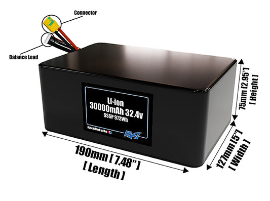 Size reference photo of the 30000mAh 32.4V lithium ion pack showing 190 mm by 127 mm by 75 mm dimensions ideal for drones or large robotic systems where space matters.