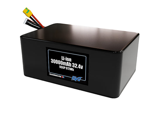 Compact 32.4-volt 30000mAh lithium-ion battery, built for lightweight drone, UAV, and robotics projects.