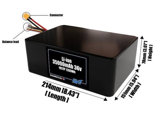 Size reference photo of the 35000mAh 36V lithium ion pack showing 214 mm by 151 mm by 78 mm dimensions ideal for drones or large robotic systems where space matters.