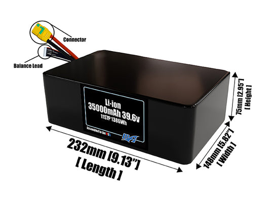 Size reference photo of the 35000mAh 39.6V lithium ion pack showing 232 mm by 148 mm by 75 mm dimensions ideal for drones or large robotic systems where space matters.