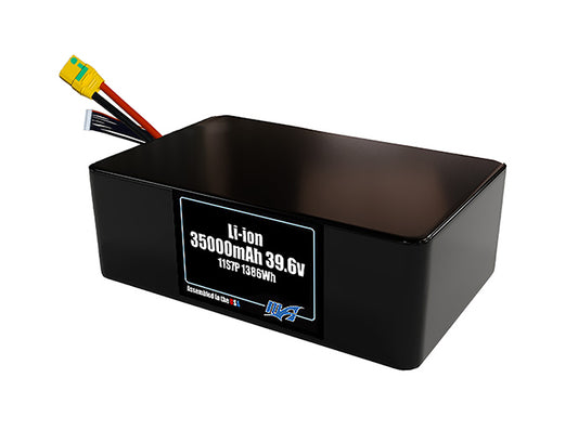 Compact 39.6-volt 35000mAh lithium-ion battery, built for lightweight drone, UAV, and robotics projects.