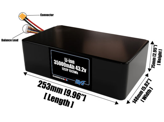 Size reference photo of the 35000mAh 43.2V lithium ion pack showing 253 mm by 148 mm by 75 mm dimensions ideal for drones or large robotic systems where space matters.