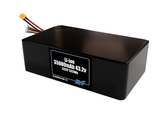 Compact 43.2-volt 35000mAh lithium-ion battery, built for lightweight drone, UAV, and robotics projects.