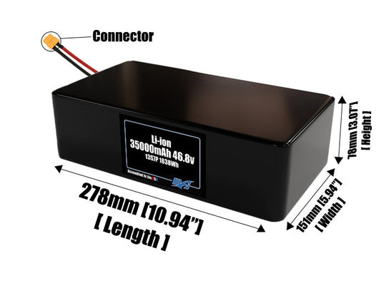 Size reference photo of the 35000mAh 46.8V lithium ion pack showing 278 mm by 151 mm by 78 mm dimensions ideal for drones or large robotic systems where space matters.