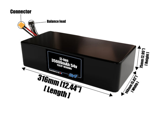 Size reference photo of the 35000mAh 54V lithium ion pack showing 316 mm by 148 mm by 75 mm dimensions ideal for drones or large robotic systems where space matters.