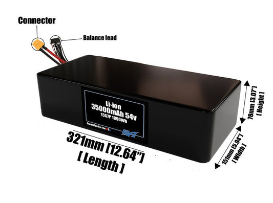 Size reference photo of the 35000mAh 54V lithium ion pack showing 321 mm by 151 mm by 78 mm dimensions ideal for drones or large robotic systems where space matters.