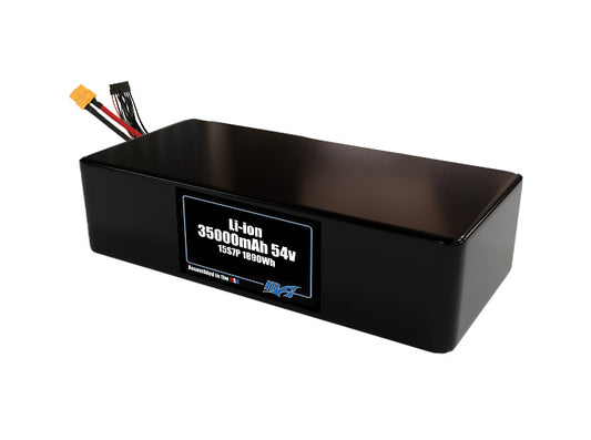 Compact 54-volt 35000mAh lithium-ion battery, built for lightweight drone, UAV, and robotics projects.