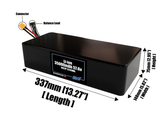 Size reference photo of the 35000mAh 57.6V lithium ion pack showing 337 mm by 148 mm by 75 mm dimensions ideal for drones or large robotic systems where space matters.