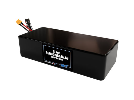 Compact 57.6-volt 35000mAh lithium-ion battery, built for lightweight drone, UAV, and robotics projects.