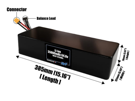 Size reference photo of the 35000mAh 64.8V lithium ion pack showing 385 mm by 151 mm by 78 mm dimensions ideal for drones or large robotic systems where space matters.