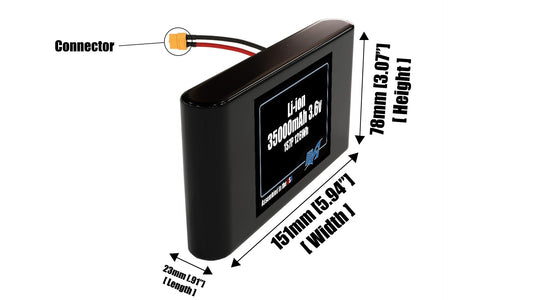 Size reference photo of the 35000mAh 3.6V lithium ion pack showing 23 mm by 151 mm by 78 mm dimensions ideal for drones or large robotic systems where space matters.