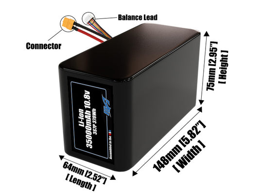 Size reference photo of the 35000mAh 10.8V lithium ion pack showing 64 mm by 148 mm by 75 mm dimensions ideal for drones or large robotic systems where space matters.