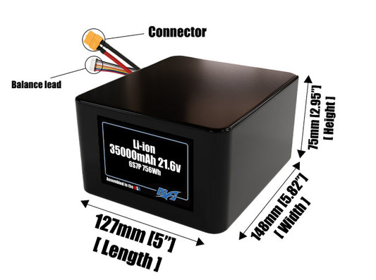 Size reference photo of the 35000mAh 21.6V lithium ion pack showing 127 mm by 148 mm by 75 mm dimensions ideal for drones or large robotic systems where space matters.