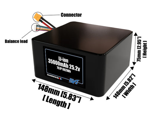Size reference photo of the 35000mAh 25.2V lithium ion pack showing 148 mm by 148 mm by 75 mm dimensions ideal for drones or large robotic systems where space matters.