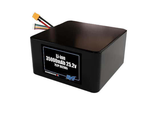 Compact 25.2-volt 35000mAh lithium-ion battery, built for lightweight drone, UAV, and robotics projects.