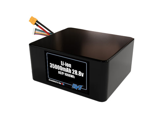Compact 28.8-volt 35000mAh lithium-ion battery, built for lightweight drone, UAV, and robotics projects.