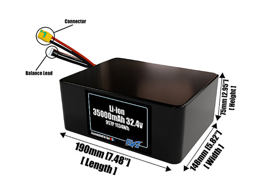 Size reference photo of the 35000mAh 32.4V lithium ion pack showing 190 mm by 148 mm by 75 mm dimensions ideal for drones or large robotic systems where space matters.