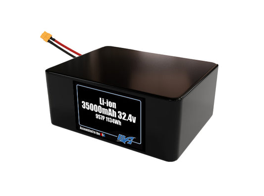 Compact 32.4-volt 35000mAh lithium-ion battery, built for lightweight drone, UAV, and robotics projects.
