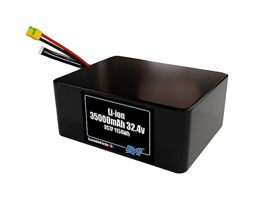 Compact 32.4-volt 35000mAh lithium-ion battery, built for lightweight drone, UAV, and robotics projects.