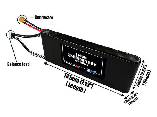 Size reference photo of the 3500mAh 36V Li-ion pack showing 181 mm by 19 mm by 73 mm dimensions ideal for drones or small robotic systems where space matters.