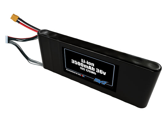 Compact 36-volt 3500mAh lithium-ion battery, built for lightweight drone, UAV, and robotics projects.