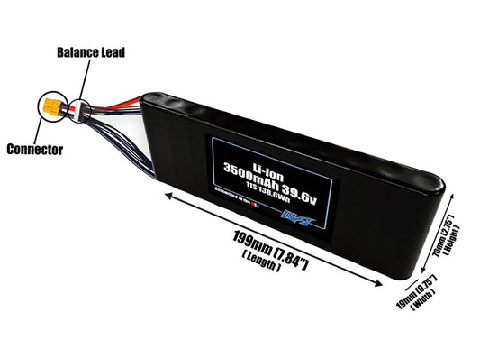 Size reference photo of the 3500mAh 39.6V Li-ion pack showing 199 mm by 19 mm by 70 mm dimensions ideal for drones or small robotic systems where space matters.
