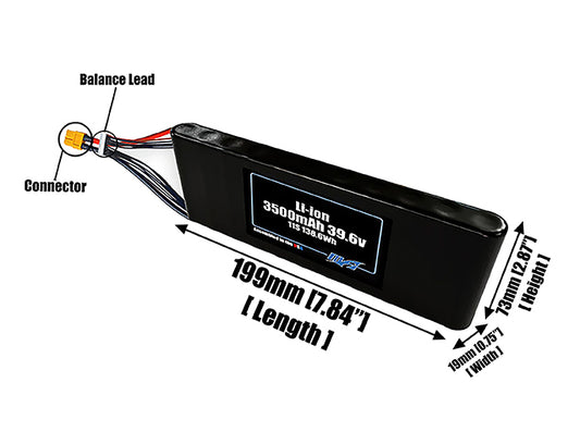 Size reference photo of the 3500mAh 39.6V Li-ion pack showing 199 mm by 19 mm by 73 mm dimensions ideal for drones or small robotic systems where space matters.
