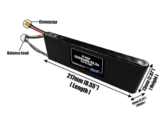 Size reference photo of the 3500mAh 43.2V Li-ion pack showing 217 mm by 19 mm by 73 mm dimensions ideal for drones or small robotic systems where space matters.
