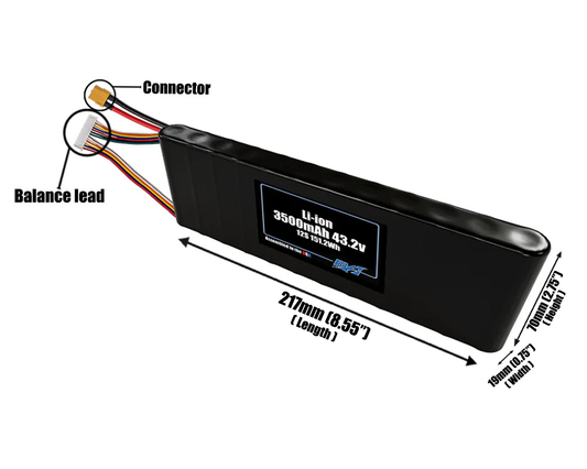Size reference photo of the 3500mAh 43.2V Li-ion pack showing 217 mm by 19 mm by 70 mm dimensions ideal for drones or small robotic systems where space matters.