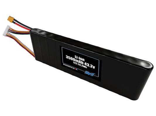Compact 43.2-volt 3500mAh lithium-ion battery, built for lightweight drone, UAV, and robotics projects.
