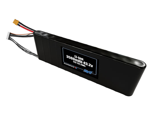 Compact 43.2-volt 3500mAh lithium-ion battery, built for lightweight drone, UAV, and robotics projects.