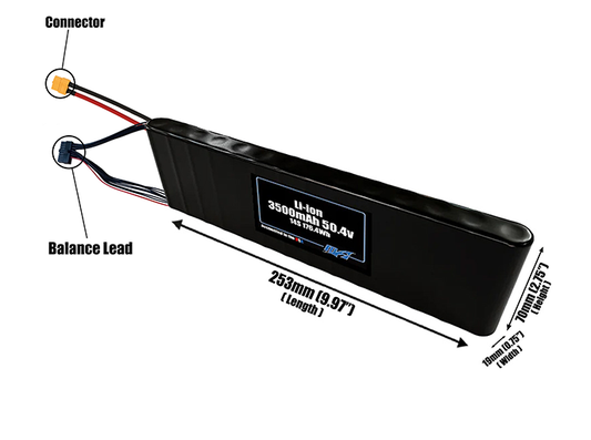Size reference photo of the 3500mAh 50.4V Li-ion pack showing 253 mm by 19 mm by 70 mm dimensions ideal for drones or small robotic systems where space matters.