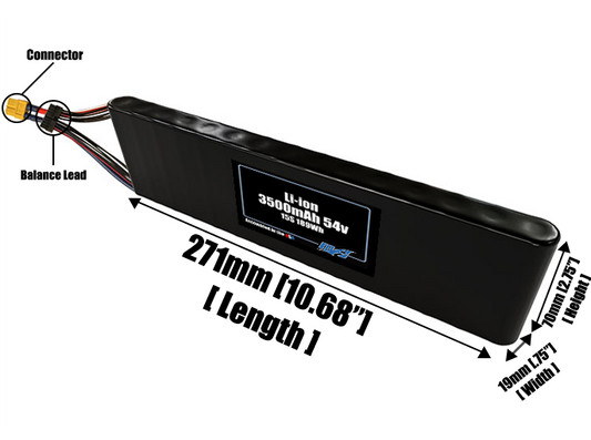 Size reference photo of the 3500mAh 54V Li-ion pack showing 271 mm by 19 mm by 70 mm dimensions ideal for drones or small robotic systems where space matters.