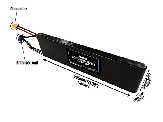 Size reference photo of the 3500mAh 57.6V Li-ion pack showing 289 mm by 19 mm by 70 mm dimensions ideal for drones or small robotic systems where space matters.
