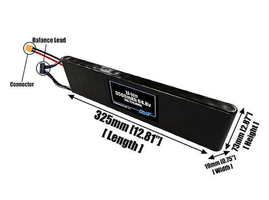 Size reference photo of the 3500mAh 64.8V Li-ion pack showing 325 mm by 19 mm by 73 mm dimensions ideal for drones or small robotic systems where space matters.