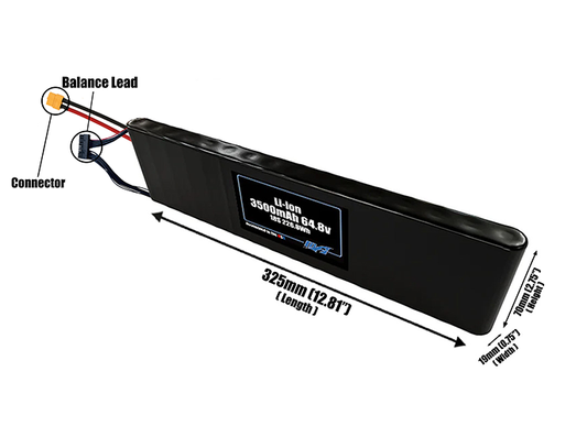 Size reference photo of the 3500mAh 64.8V Li-ion pack showing 325 mm by 19 mm by 70 mm dimensions ideal for drones or small robotic systems where space matters.