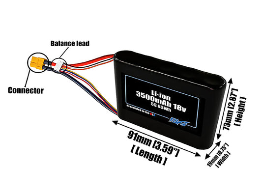 Size reference photo of the 3500mAh 18V Li-ion pack showing 91 mm by 19 mm by 73 mm dimensions ideal for drones or small robotic systems where space matters.