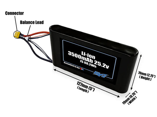 Size reference photo of the 3500mAh 25.2V Li-ion pack showing 127 mm by 19 mm by 70 mm dimensions ideal for drones or small robotic systems where space matters.