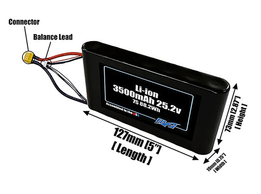 Size reference photo of the 3500mAh 25.2V Li-ion pack showing 127 mm by 19 mm by 73 mm dimensions ideal for drones or small robotic systems where space matters.
