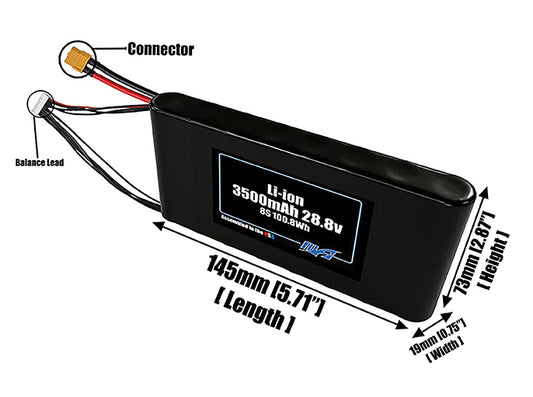 Size reference photo of the 3500mAh 28.8V lithium ion pack showing 145 mm by 19 mm by 73 mm dimensions ideal for drones or large robotic systems where space matters.