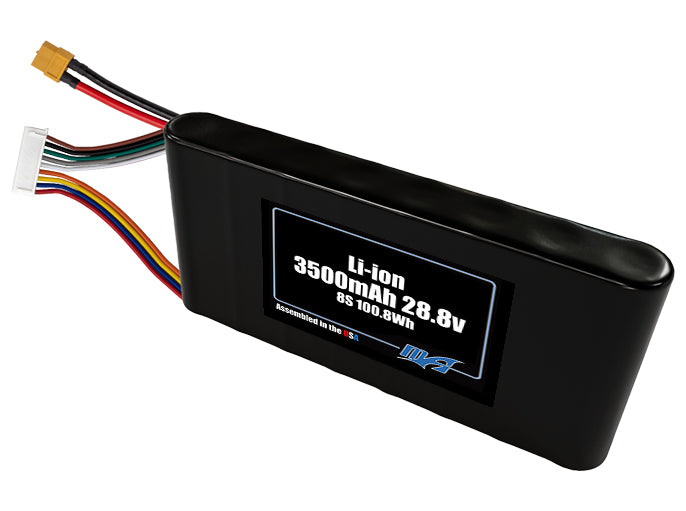 Compact 28.8-volt 3500mAh lithium-ion battery, built for lightweight drone, UAV, and robotics projects.