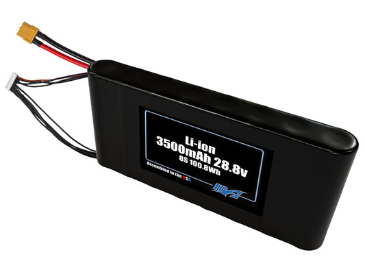 Compact 28.8-volt 3500mAh lithium-ion battery, built for lightweight drone, UAV, and robotics projects.