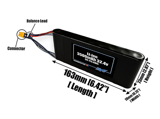 Size reference photo of the 3500mAh 32.4V Li-ion pack showing 163 mm by 19 mm by 73 mm dimensions ideal for drones or small robotic systems where space matters.