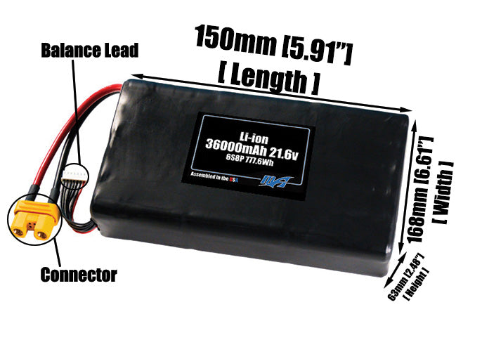 Size reference photo of the 36000mAh 21.6V lithium ion pack showing 150 mm by 168 mm by 63 mm dimensions ideal for drones or large robotic systems where space matters.