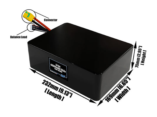 Size reference photo of the 40000mAh 39.6V lithium ion pack showing 232 mm by 169 mm by 75 mm dimensions ideal for drones or large robotic systems where space matters.