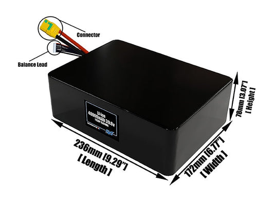Size reference photo of the 40000mAh 39.6V lithium ion pack showing 236 mm by 172 mm by 78 mm dimensions ideal for drones or large robotic systems where space matters.