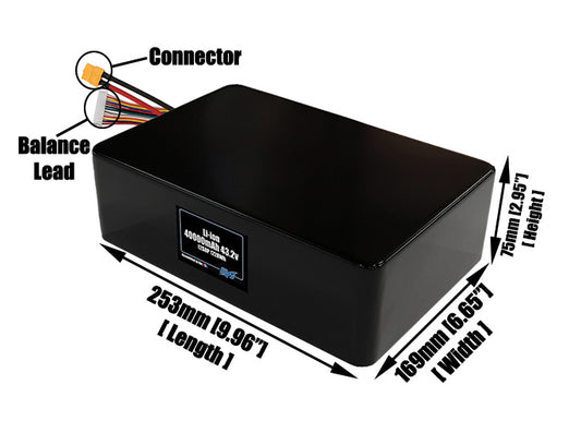 Size reference photo of the 40000mAh 43.2V lithium ion pack showing 253 mm by 169 mm by 75 mm dimensions ideal for drones or large robotic systems where space matters.
