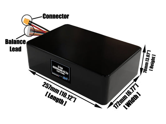 Size reference photo of the 40000mAh 43.2V lithium ion pack showing 257 mm by 172 mm by 78 mm dimensions ideal for drones or large robotic systems where space matters.