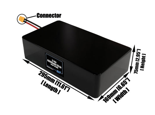 Size reference photo of the 40000mAh 50.4V lithium ion pack showing 295 mm by 169 mm by 75 mm dimensions ideal for drones or large robotic systems where space matters.